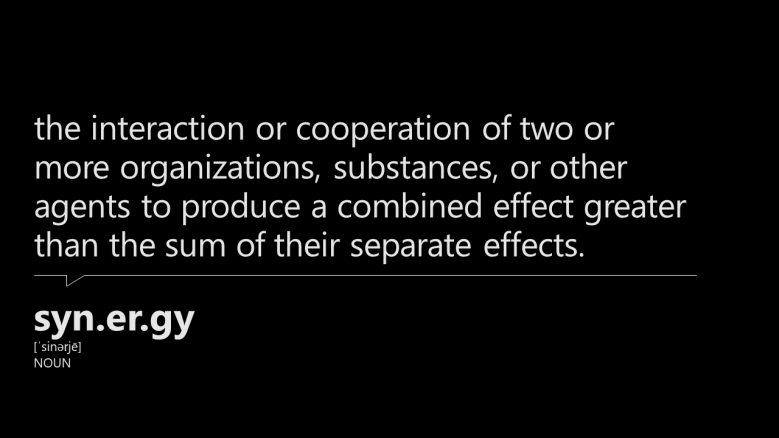 image presents a dictionary definition of the word synergy